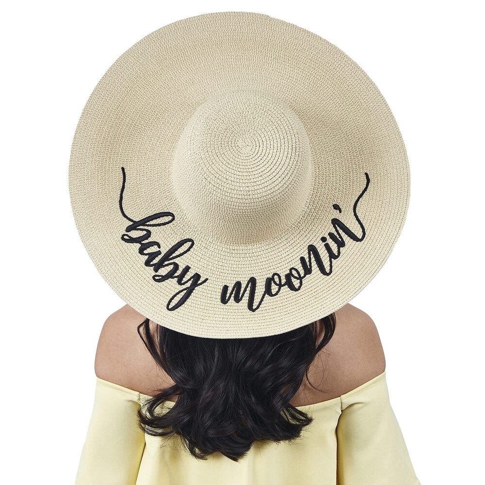 1736 Embroidered Straw Sun Floppy Hat Baby Shower Babymoon Vacation Gift